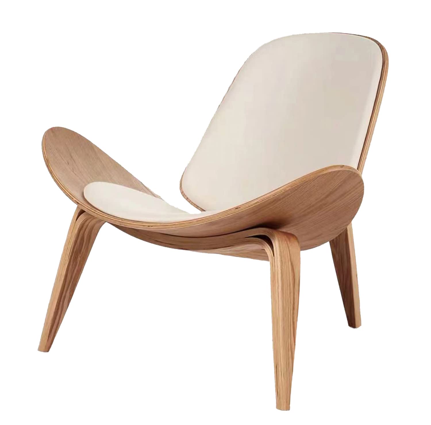 Hans Wegner Style Shell Chair - Ash Plywood White Faux Leather Accent Chair