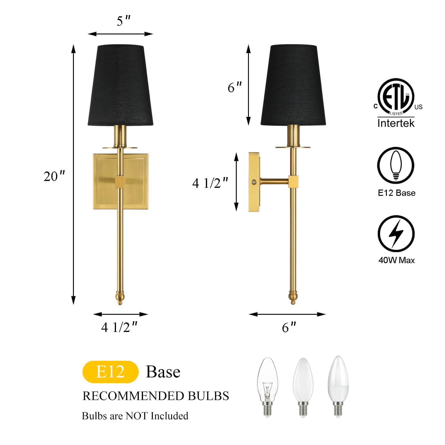 Hardwired Brushed Brass Wall Sconces Set of 2 with Black Fabric Shade