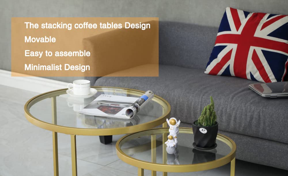 Round Nesting Coffee Table Gold Set of 2 for Living Room, Modern Side Tables with Sturdy Metal Frame and Tempered Glass.Minimalist End Table,Cocktail Table for Dining Room,Home Decor