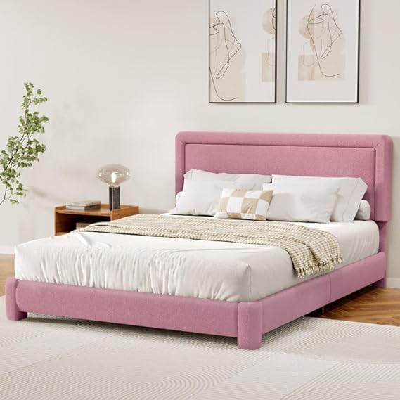 Full Size Boucle Upholstered Bed Frame with Adjustable Headboard