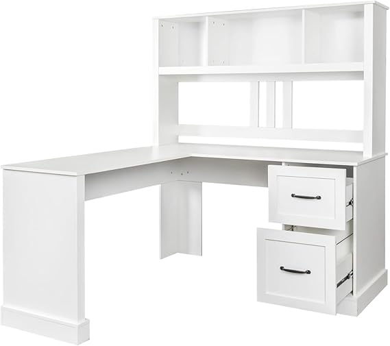 L-Shaped Corner Desk with Hutch and File Cabinet