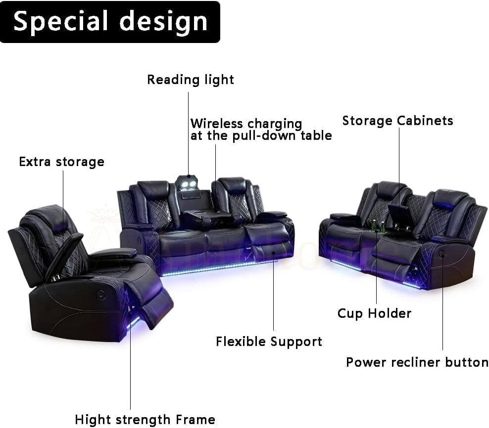 Power Recliner Couch Set with LED Light