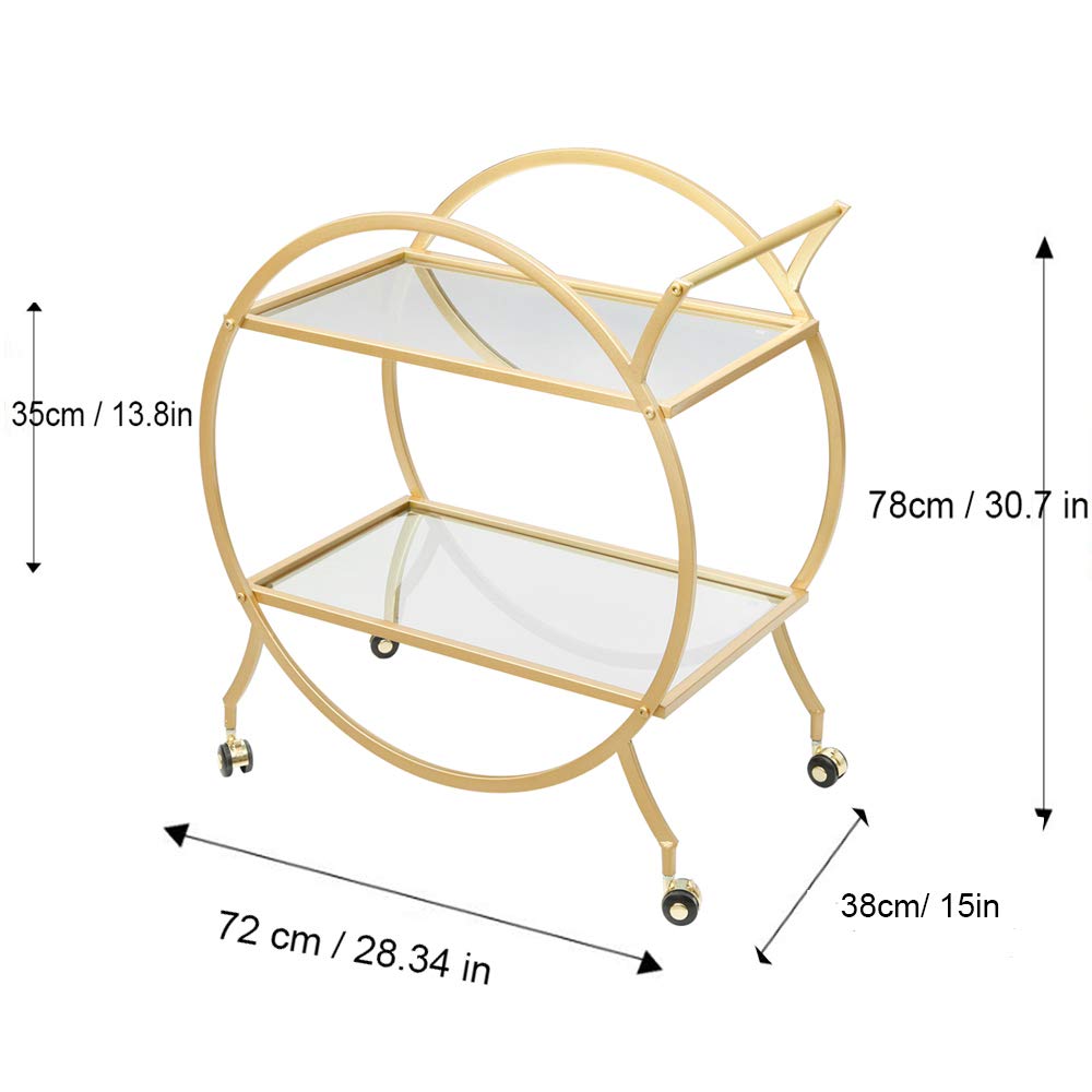Bar Cart with 2 Mirrored Shelves - Gold Metal Rolling Serving Cart