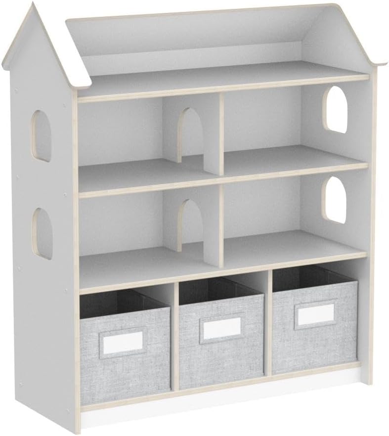 Guidecraft EdQ Dollhouse Bookcase - White: Bookshelf for Kids with Storage Bins for Dolls, Books, Toys, and School Supplies| Kid's Bedroom and Classroom Furniture