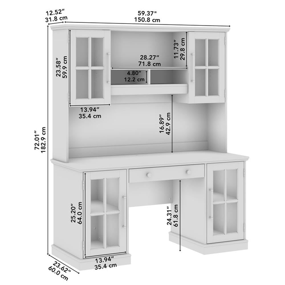 60W Computer Desk with Hutch and Storage in White Ash