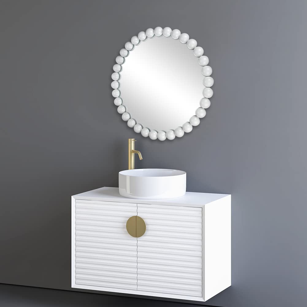 24" White Beaded Round Wall Mirror
