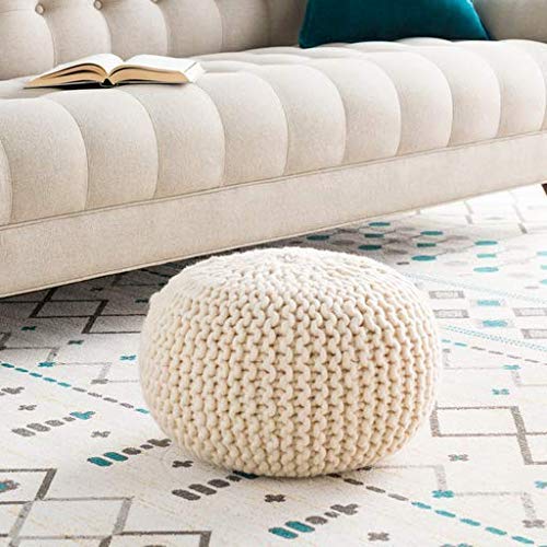Round Braided Wool Pouf Cream
