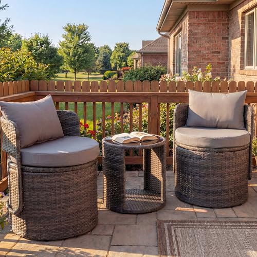 3-Piece Wicker Patio Bistro Set with Storage