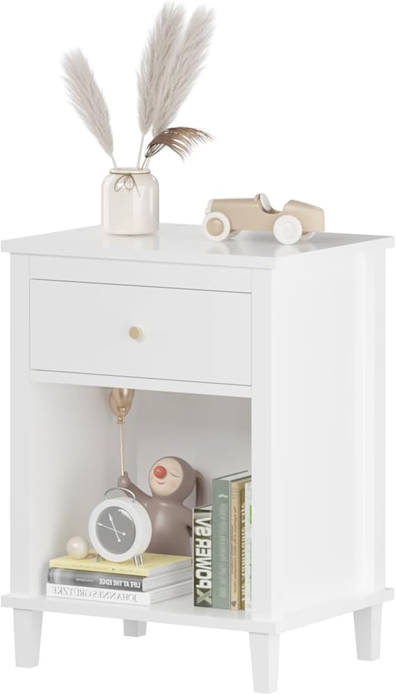 Wooden Nightstand with Drawer and Open Storage Shelf