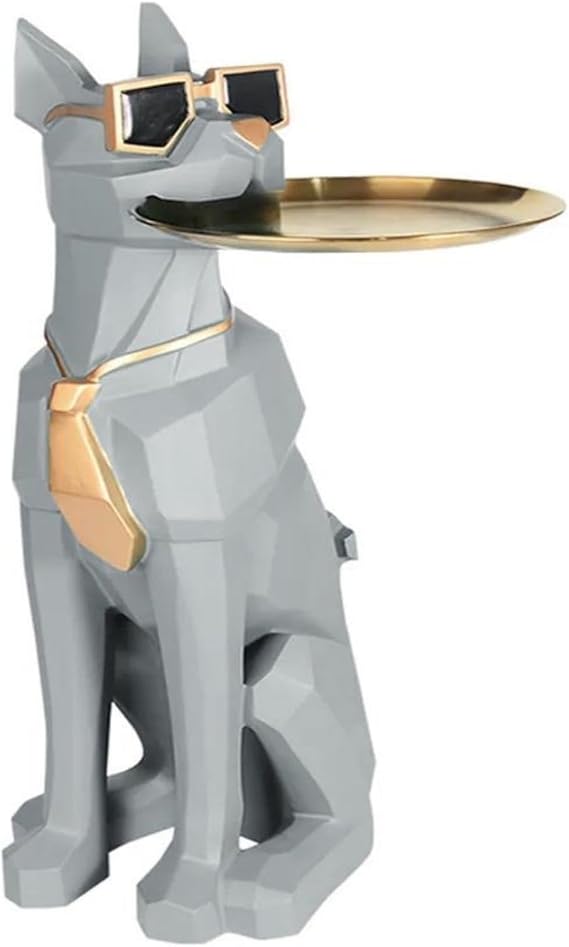 Whimsical Cat Statue Side Table with Gold Tray