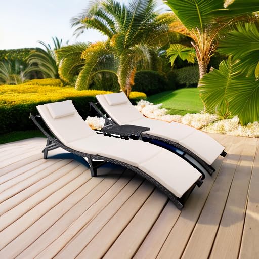 Outdoor Rattan Chaise Lounge Set with Folding Table