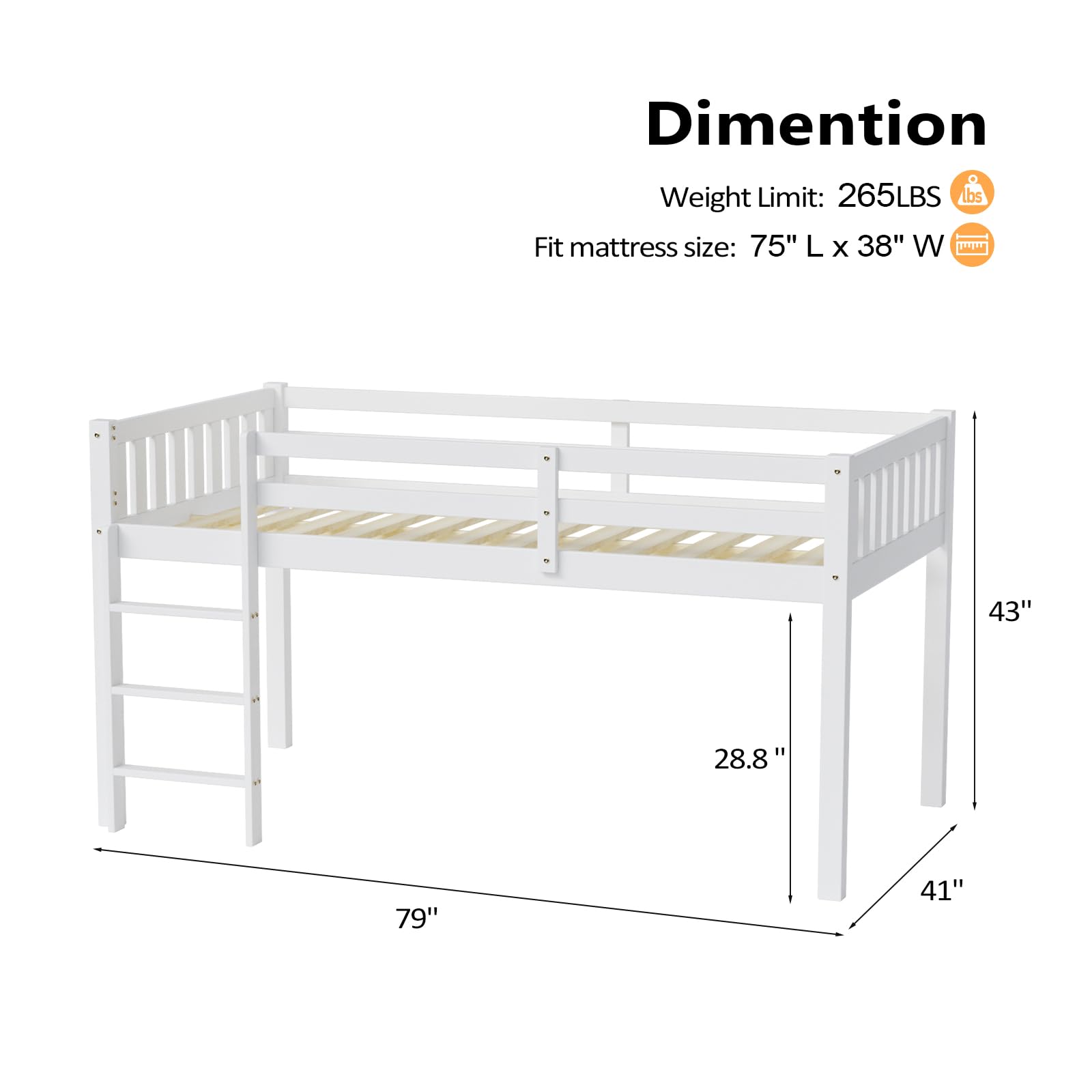 Twin Loft Bed Frame with Guardrail and Ladder
