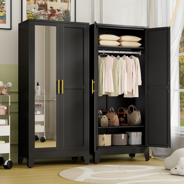 Metal Armoire Wardrobe Closet with Mirror and Hanging Rod