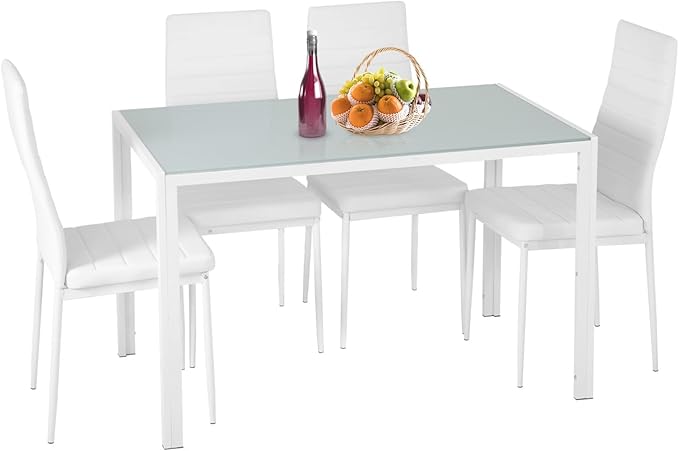 5-Piece Dining Table Set with Glass Top and Upholstered Chairs