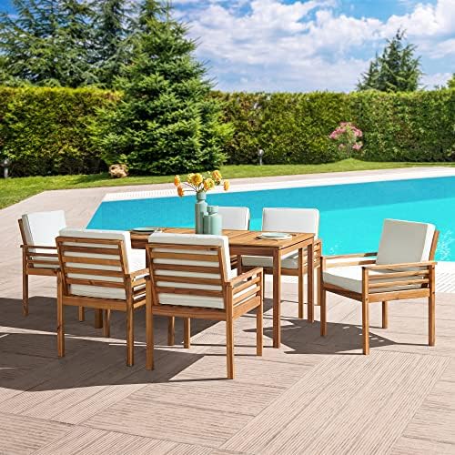 Okemo 7-pc Outdoor Dining Set, Acacia Wood Table (63 in. W x 35 in. D x 29 in. H) and 6 Chairs, Water-Resistant Ivory Cushions (24 in. W x 27 in. D x 33 in. H), Weather-Resistant Hardwood