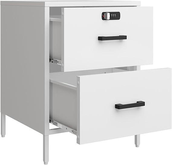 2 Drawer Lockable Metal Nightstand End Table