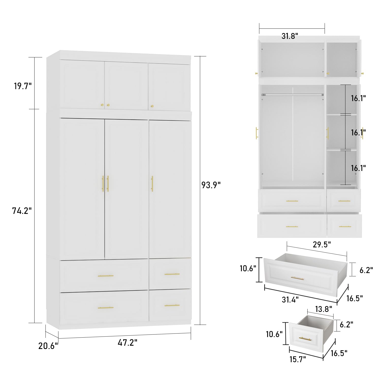 3 Door Wardrobe Closet with Drawers and Shelves