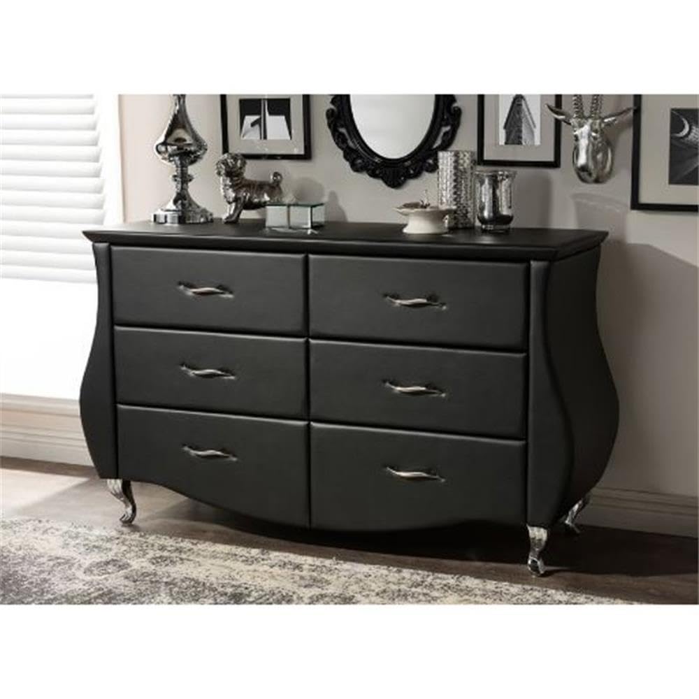 6-Drawer Faux Leather Dresser Black