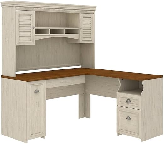 60W L-Shaped Desk with Hutch - Gray and White Engineered Wood