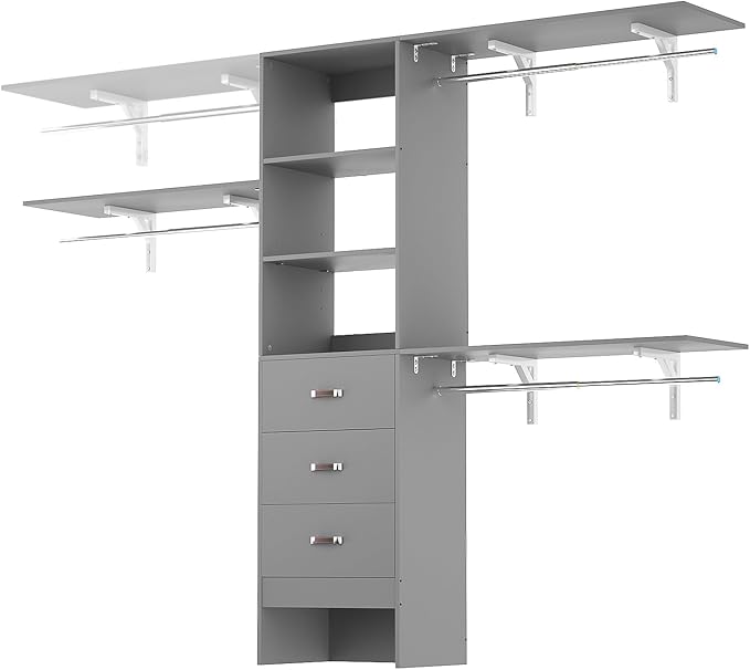 8FT Wall Mount Closet Organizer System with 3 Hanging Rods and Drawers