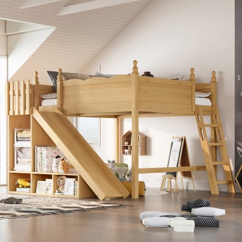 Queen Size Kids Loft Bed with Storage Shelves and Cabinet