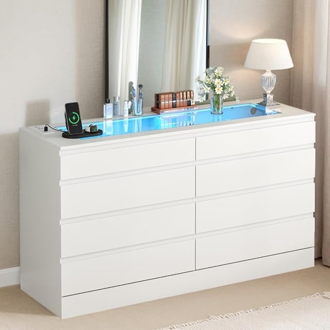 8 Drawer Dresser with Glass Top and Power Outlet