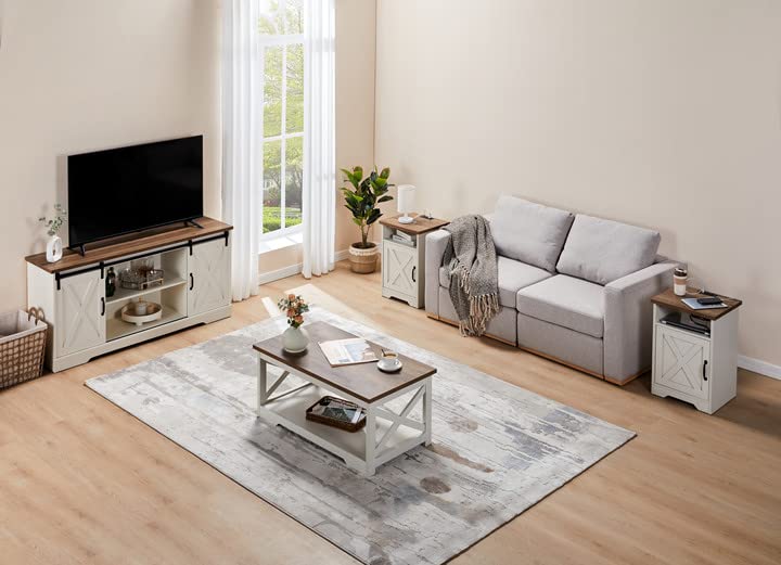 4-Piece Farmhouse Living Room Table Set with Sliding Barn Door TV Stand