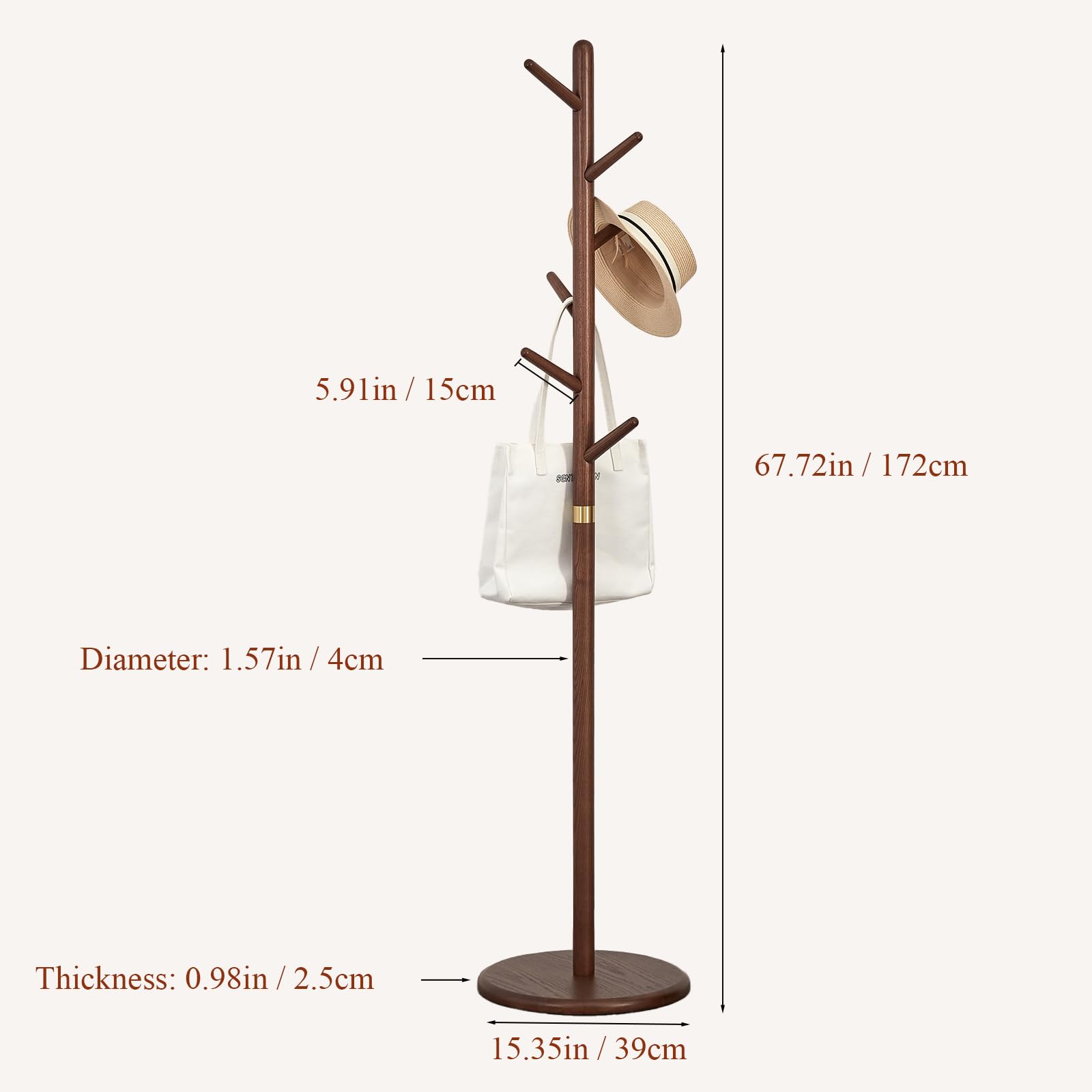 Solid Wood Coat Rack Freestanding with 6 Hooks
