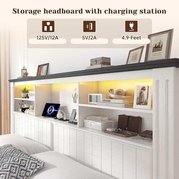 King Size Bed Frame with Storage Drawers and LED Charging Station