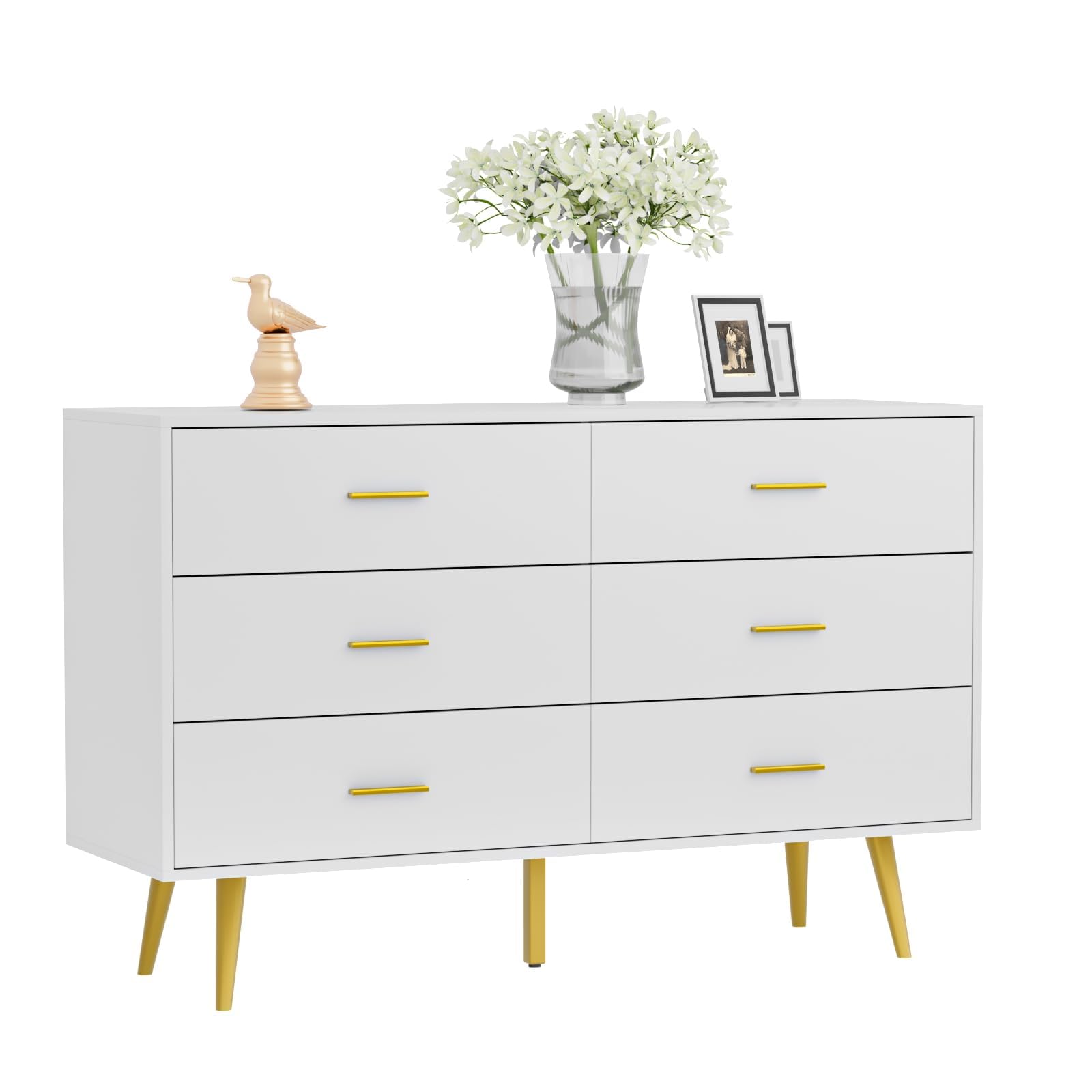 6 Drawer White Dresser with Gold Handles
