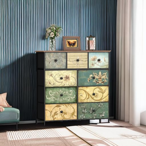9-Drawer Fabric Dresser with Retro Floral Pattern