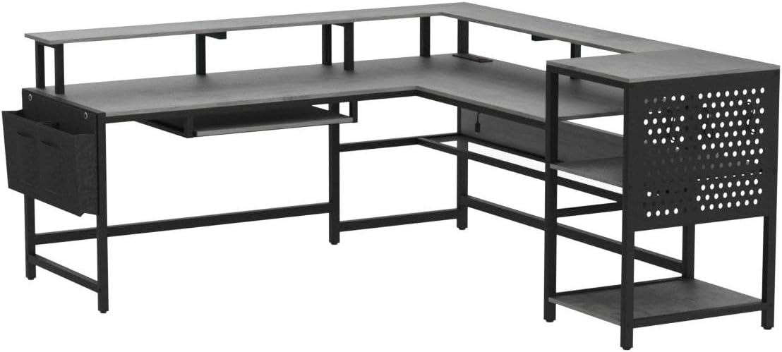 L-Shaped Gaming Desk with Power Outlets and LED Strip