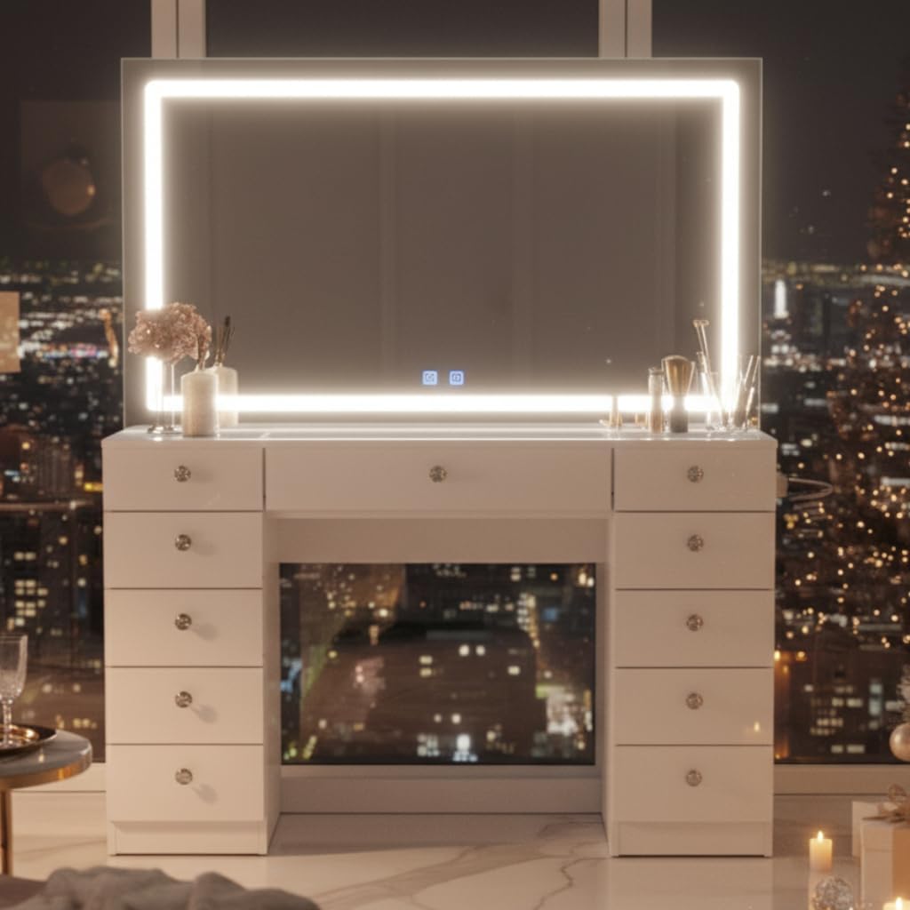 Large Makeup Vanity Desk with Dimmable LED and Bluetooth Speakers