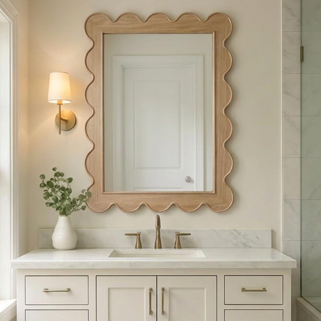 Scalloped Wall Mirror 24x36 Natural Wood Frame