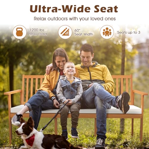 3-Person Acacia Wood Outdoor Bench with Cushion