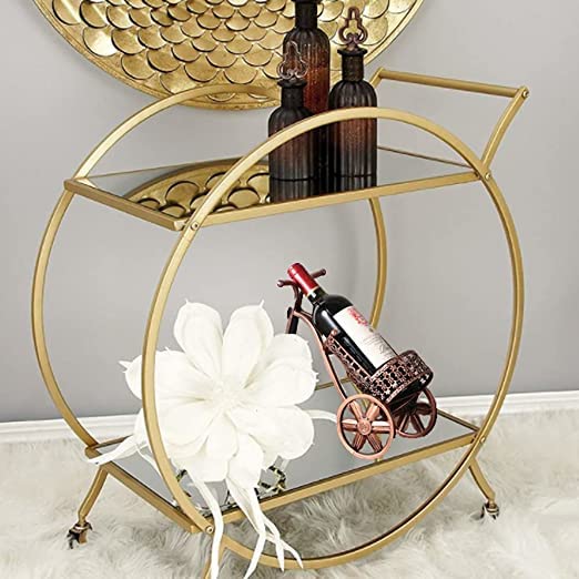 Bar Cart with 2 Mirrored Shelves - Gold Metal Rolling Serving Cart