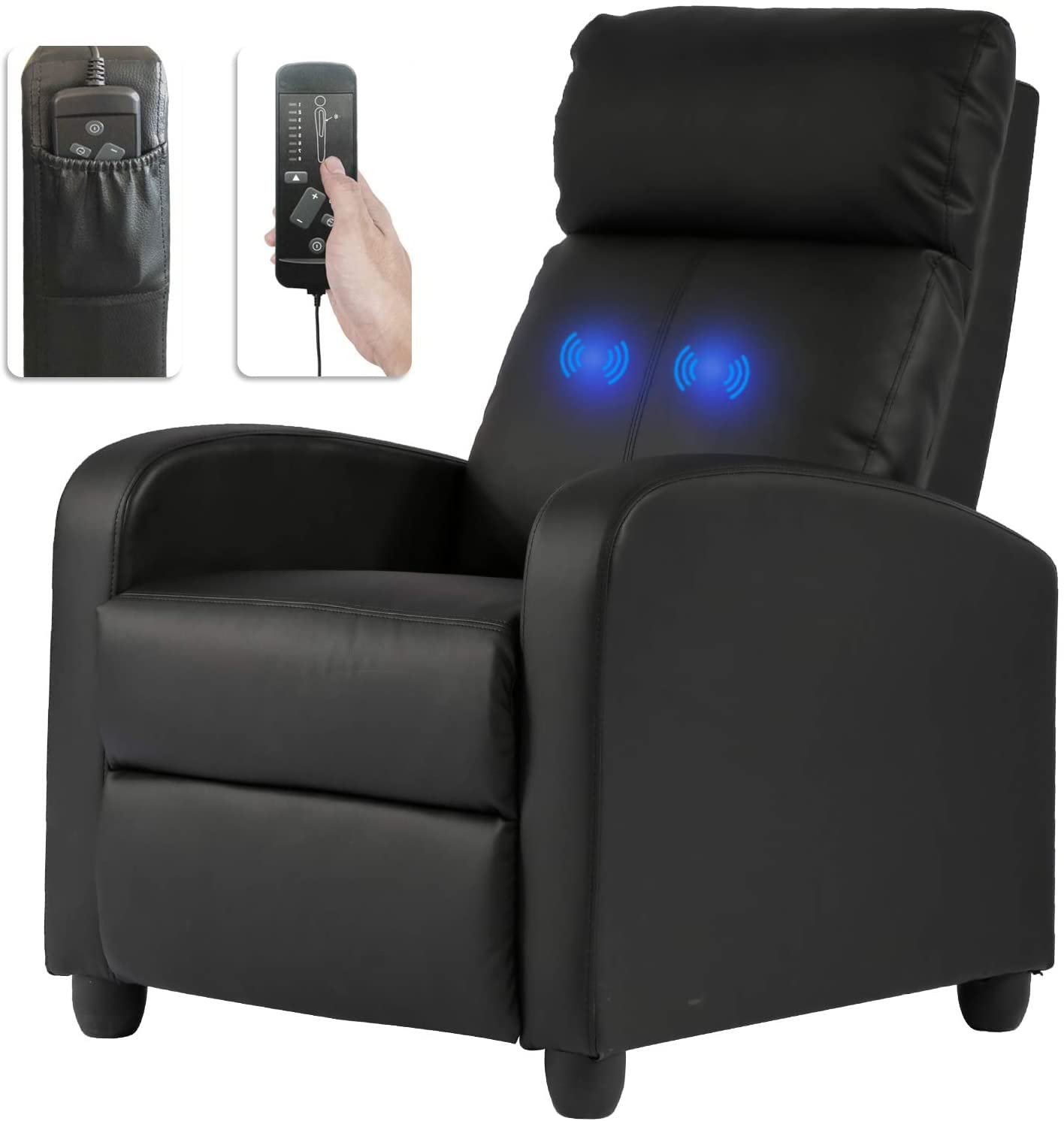 Pazidom Recliner Chair, Massage Chair Reclining Chair Sofa Lounge Chair Living Room Chair with Footrest, PU Leather Reading Chair Lounge Chair for Home Room, Black