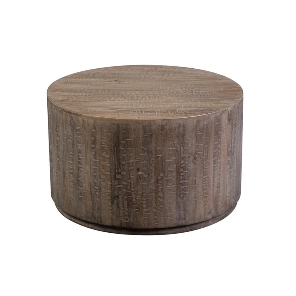 Round Mango Wood Coffee Table Gray Wash Finish 30 Inch