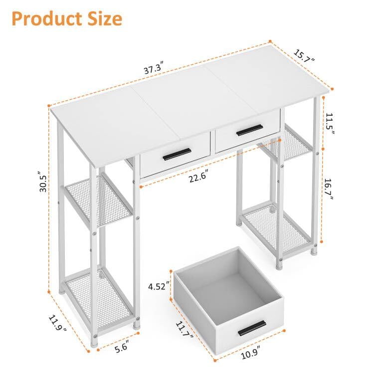 White Computer Desk with Storage Shelves and Drawers