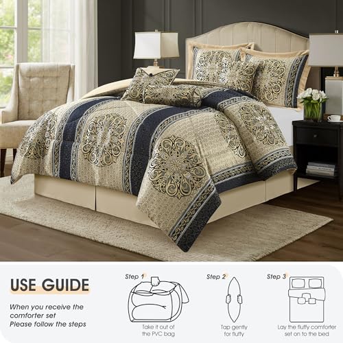 California King Comforter Set Navy Medallion Jacquard 7 Piece