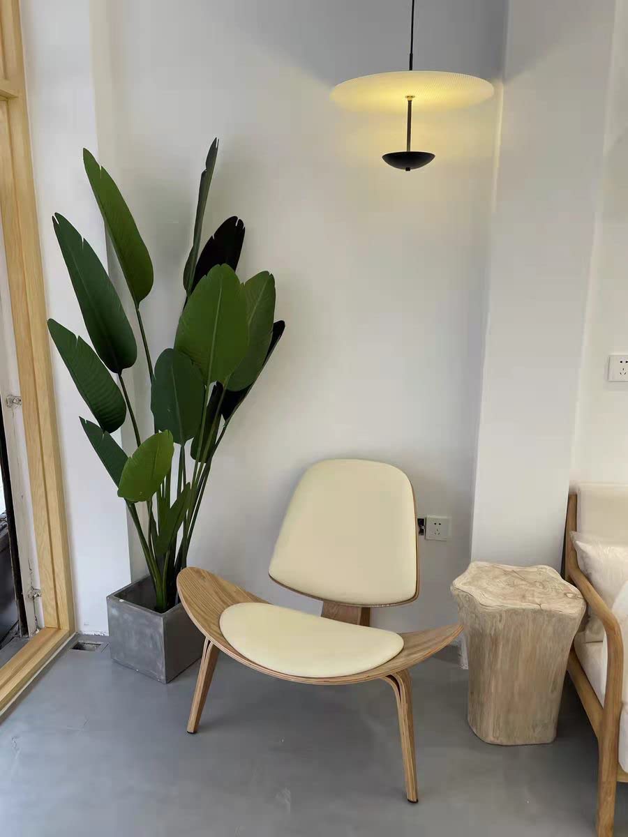 Hans Wegner Style Shell Chair - Ash Plywood White Faux Leather Accent Chair