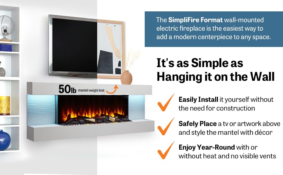 36-Inch Wall Mount Electric Fireplace with 50-Inch Floating Mantel