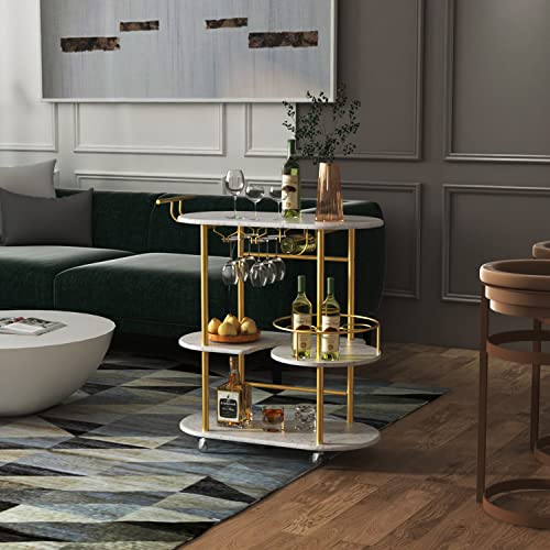 Gold Bar Cart with 4-Tier Storage Shelves and Wine Rack