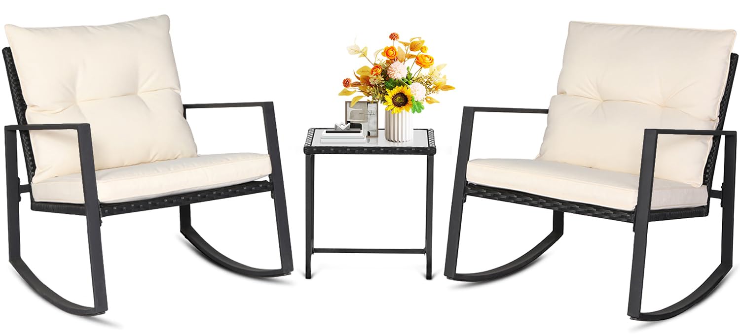 3-Piece Outdoor Rocking Bistro Set with Glass Coffee Table