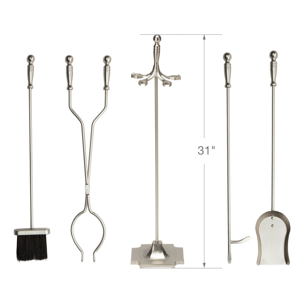 5-Piece Satin Pewter Fireplace Tools Set with Pedestal Stand