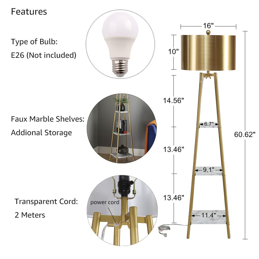 Floor Lamp with Shelves and Gold Shade