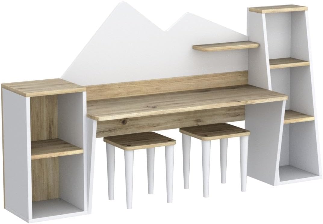 LAWA FURNITURE Kid's Study Desk with Bookshelf + 2 Stools for Ages 3-8, Wooden Children Activity Table with Hutch and Shelves, Kids Bedroom Study Desk with Storage