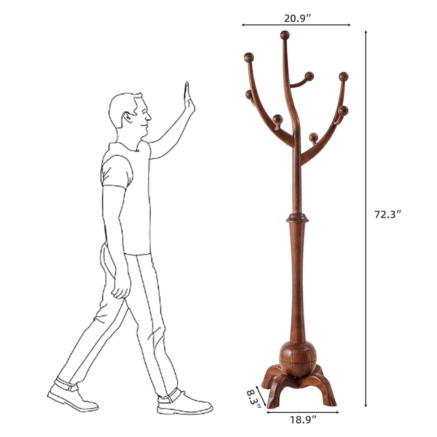 Freestanding Wood Coat Rack with Tree Branch Hooks
