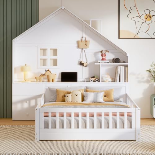 Kids Floor House Bed with Fences and Drawers, Full Size Platform Bed with Storage Headboard, Shelves, Sockets & USB for Kids (White)