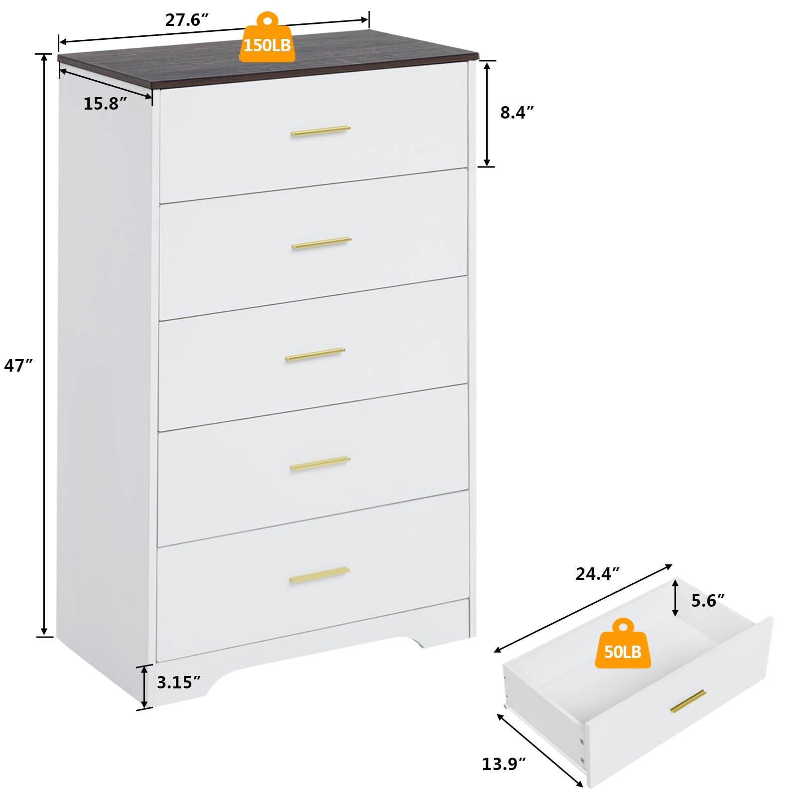 5 Drawer Wood Dresser 47 Inches Tall White